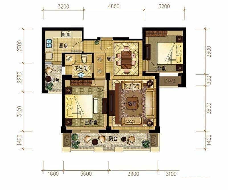 金世纪运河丽园A3户型2室2厅1卫1厨 约88.99平米原图