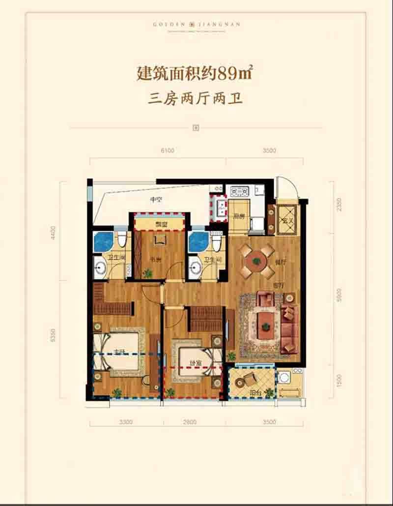 杭州滨江金色江南89方户型图 3室2厅2卫 约89.00平米