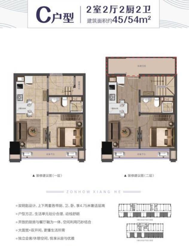 杭州中豪湘和国际C户型45/54㎡两室两厅两厨两卫